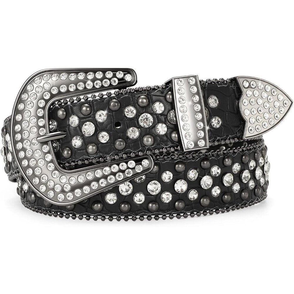 ⚡Women Rhinestone Belt Jeans Western Cowgirl Bling Studded Belt Grain Leather